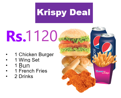 Krispy Deal (1 Chicken Burger 1 Wing Set 1 Bun 1 French Fries 2 Drinks)